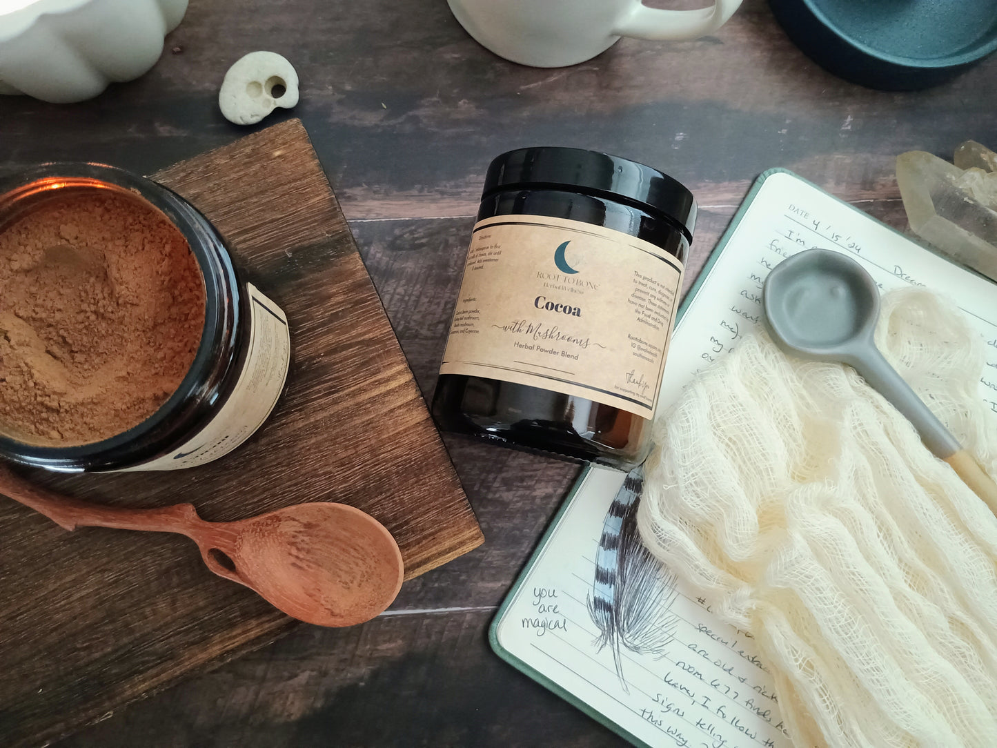 cacao blend on wooden surface with wood spoon