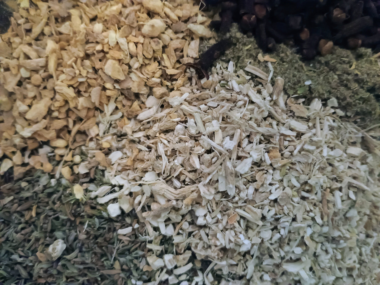 Close-up of various types of loose leaf herbal teas