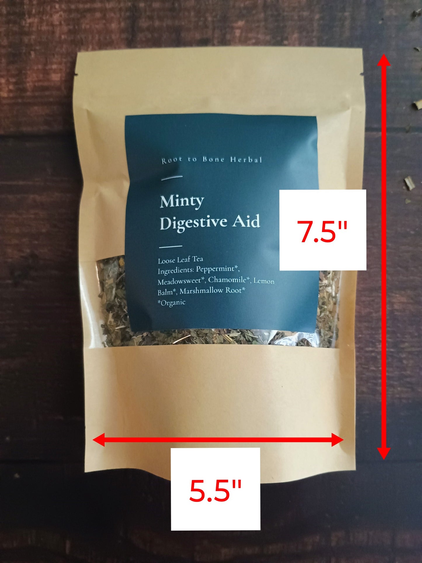 Minty Digestive Aid package with dimensions labeled on a wooden surface