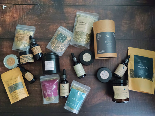 Herbal labels on a variety of herbal teas, tinctures and salves