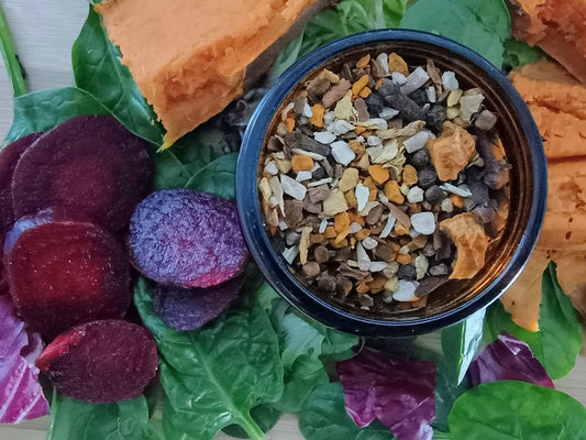 beets, greens, sweet potato, and golden roots chai
