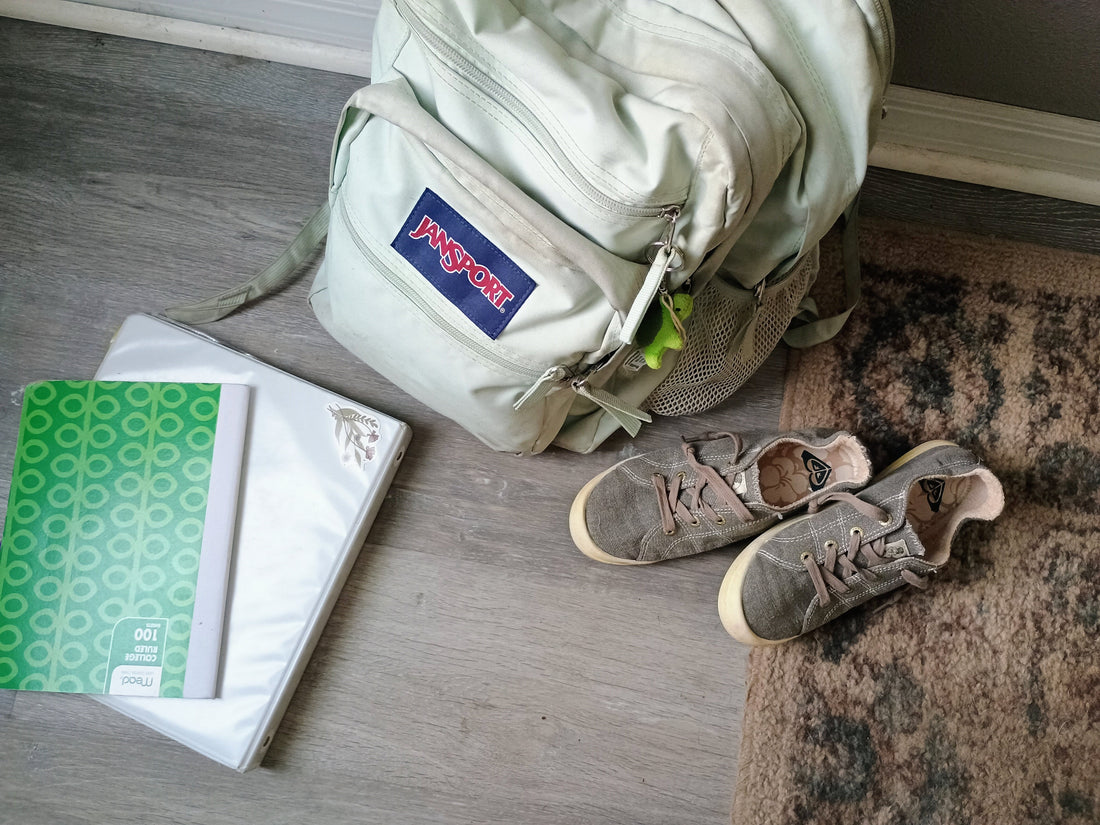 Backpack, shoes, binder and notebook