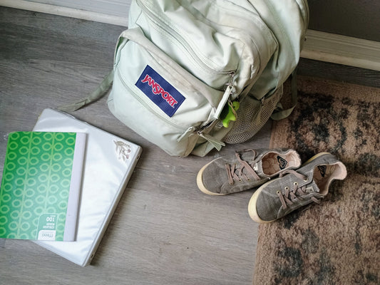 Backpack, shoes, binder and notebook