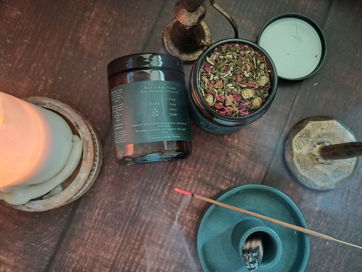 A styled flat-lay of a candle product on a dark wooden surface, featuring a black glass jar labeled 'Fire' next to an open jar filled with dried botanicals, a lit white pillar candle, a teal incense holder with a smoking stick, and other rustic accessories.