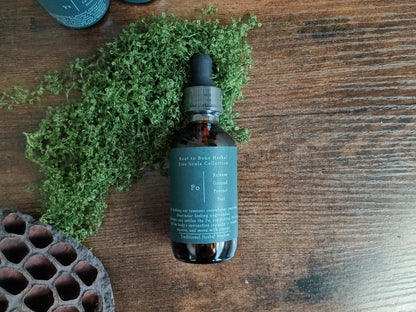 A dark amber glass dropper bottle with a muted teal label sits on a rustic wooden surface, surrounded by green moss and a dried lotus pod. The label reads 'Root to Bone Herbal' and 'Po'.