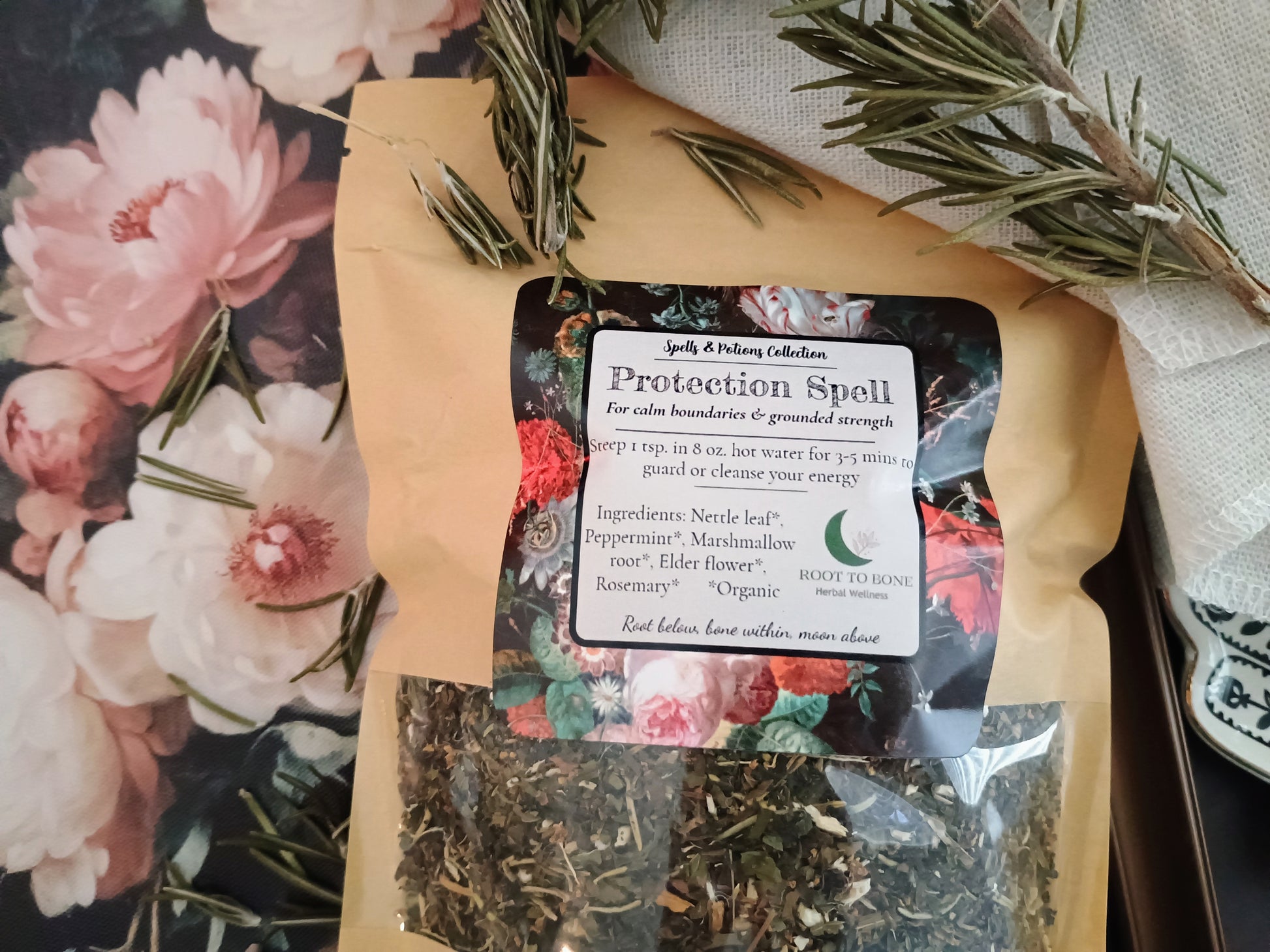 Herbal tea package with a label on a floral background