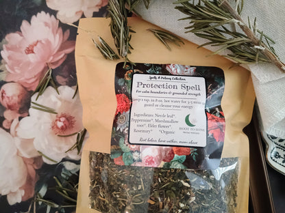 Herbal tea package with a label on a floral background
