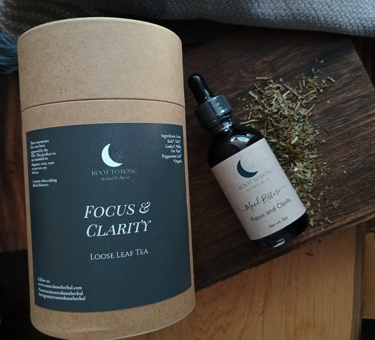 loose leaf tea and herbal tincture to help with brain health, brain fog, energy, focus, and cloudiness