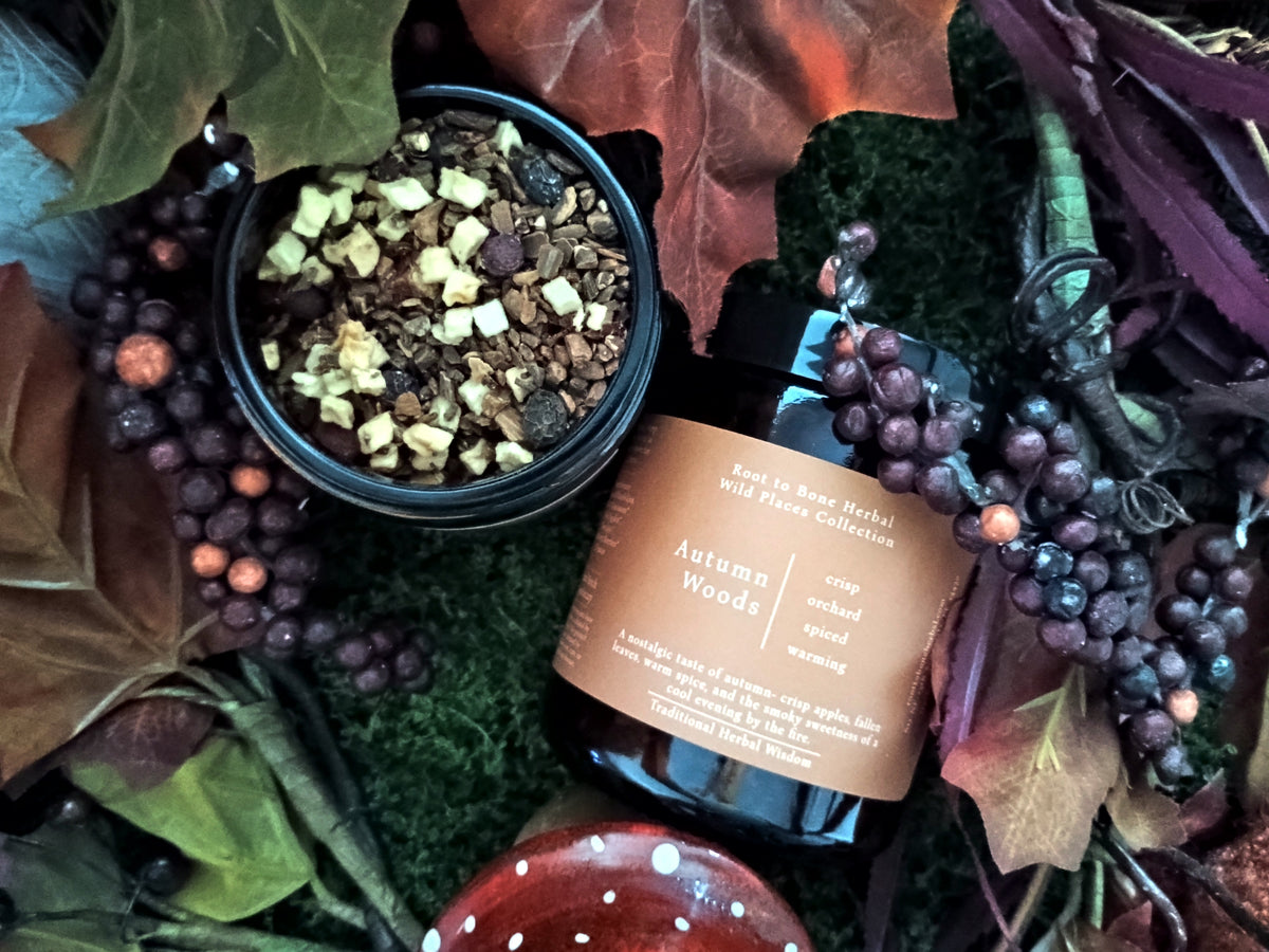 An autumn-themed product flat lay featuring a jar of 'Autumn Woods' loose herbal tea from Root to Bone herbal wild Places collection, styled with dried leaves, berries, and moss.