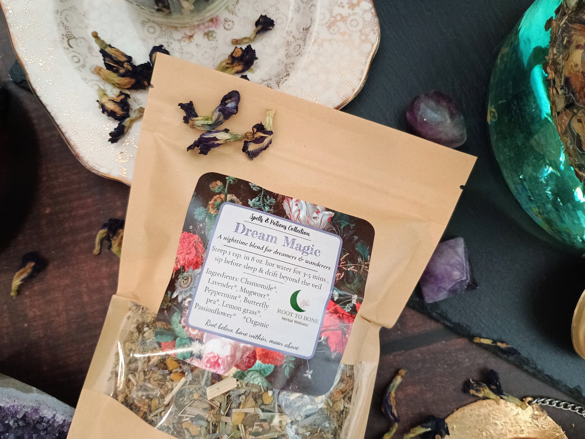 Herbal mix in a brown paper bag with a label on a mystical background