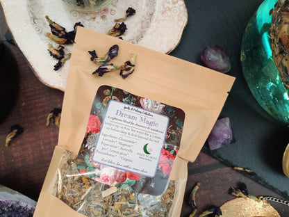 Herbal mix in a brown paper bag with a label on a mystical background