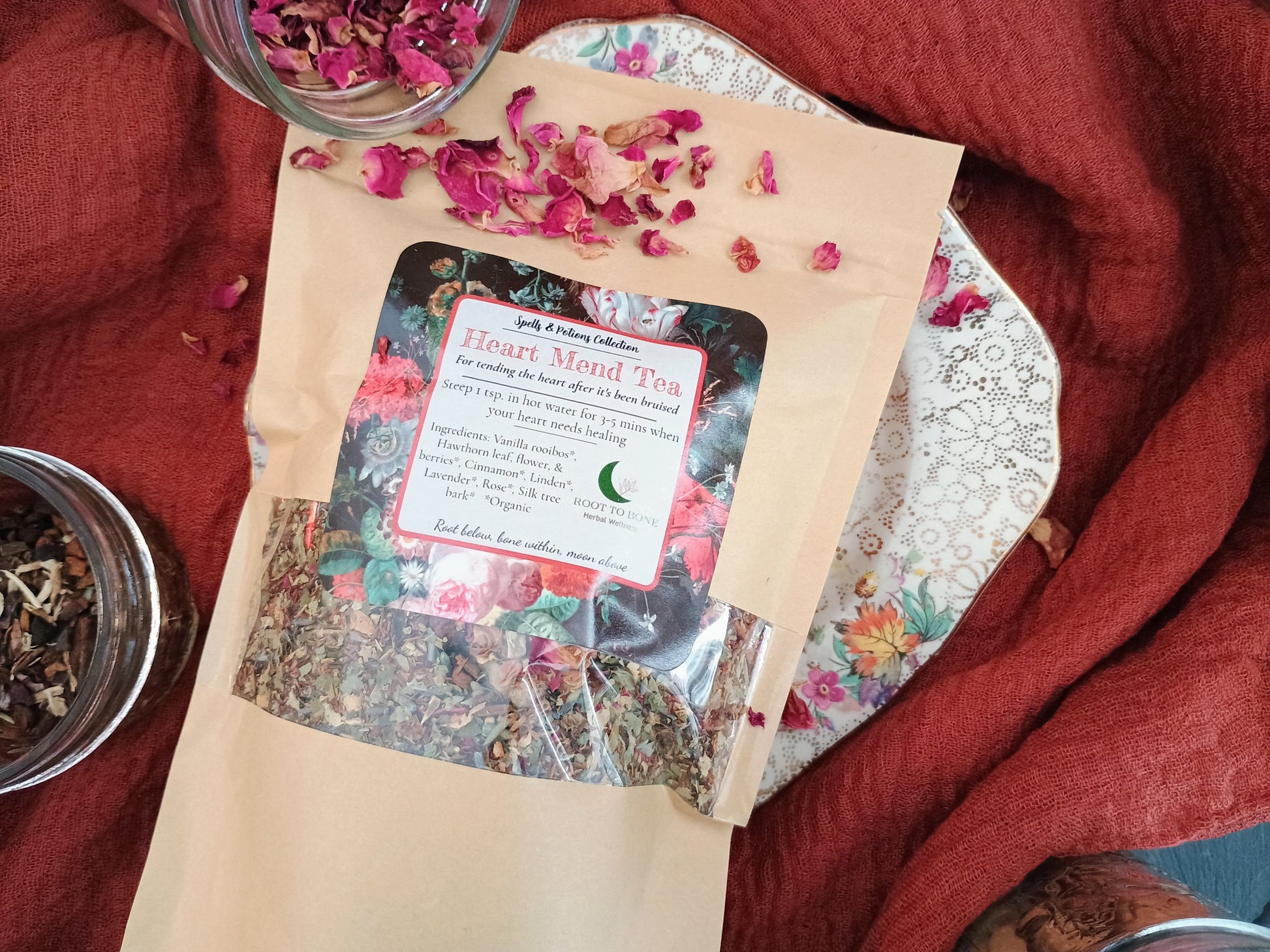 Tea bag with a label on a red fabric background