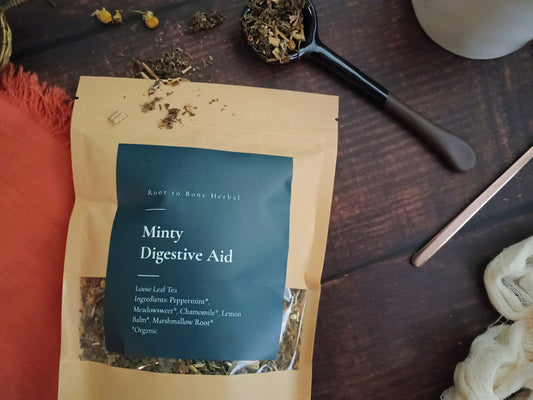 Tea package labeled 'Minty Digestive Aid' on a wooden surface with tea leaves and a spoon.