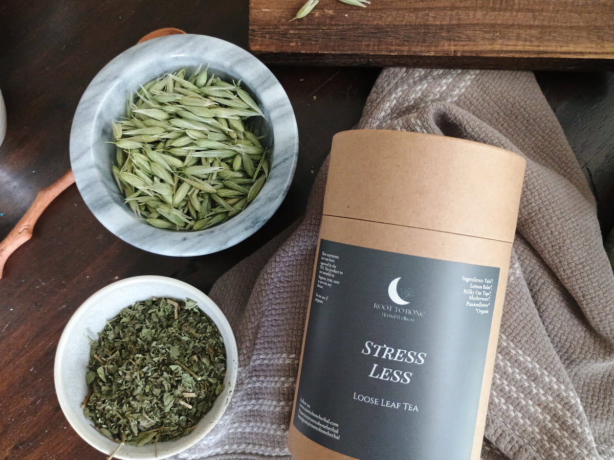Stress Less Tea to quiet mental chatter – Root to Bone Herbal Wellness™