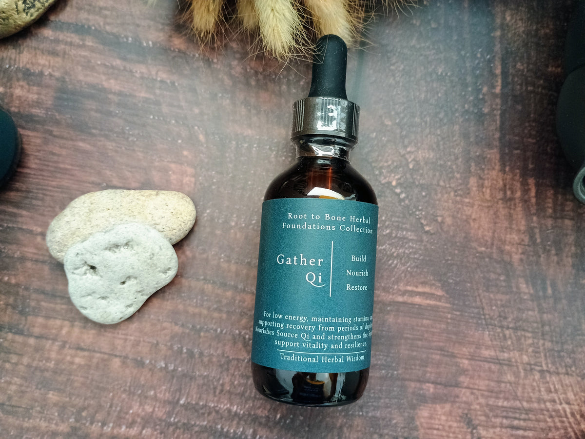 A bottle of herbal tincture oil with a dark teal label and black dropper cap, placed on a rustic wooden surface with small stones nearby.