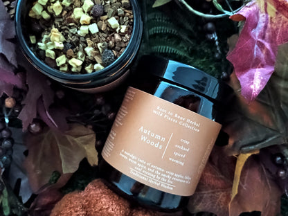 A dark glass jar of Autumn Woods herbal tincture with a tan label, styled with dried autumn leaves and botanicals next to an open jar showing the tincture contents.