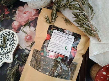 Herbal mix in a brown paper bag with a label on a floral and natural background