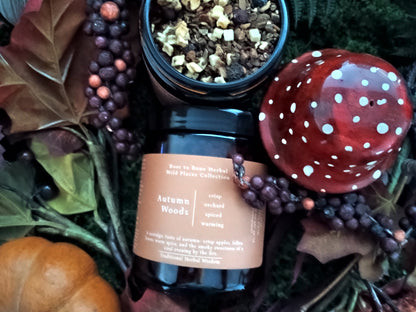 An autumn-themed product photo featuring a jar of 'Autumn Woods' wild places collection by Root to Bone Herbal. The dark amber glass jar with a black lid is surrounded by decorative elements including a red and white spotted mushroom cap, dried leaves, berries, and a small pumpkin.