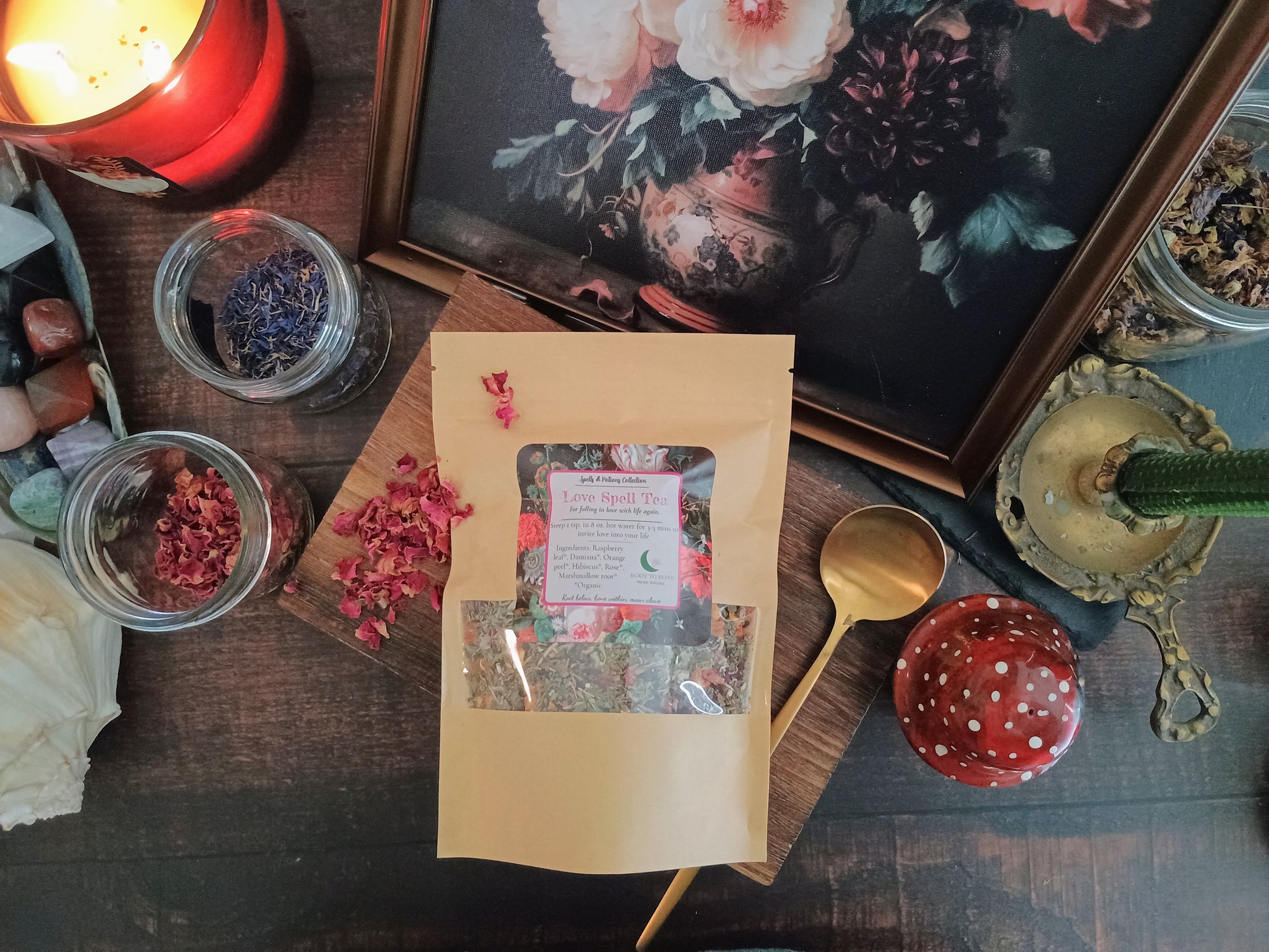 Herbal tea package on a wooden table with decorative items