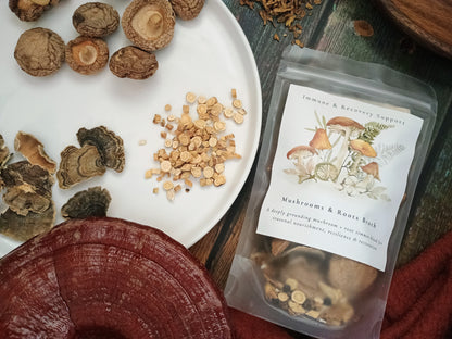 A clear stand-up pouch labeled 'Mushrooms & Roots Root' containing dried mushrooms and roots, styled on a rustic wooden surface with loose mushrooms and sliced mushrooms around it.