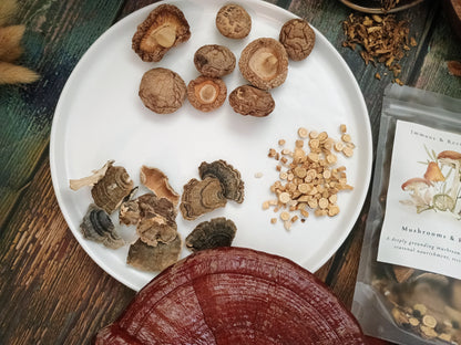 A styled flat-lay of a mushroom and herbal supplement kit, featuring dried shiitake mushrooms, sliced mushrooms, a pile of sliced herbs, a large red-brown reishi mushroom slice, and a bag of 'Immune & Kefir Mushroom & Herbal Blend' on a rustic wooden background.