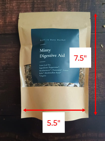 Minty Digestive Aid package with dimensions labeled on a wooden surface